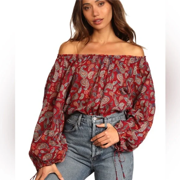 Free People Red Paisley Sundown Off the Shoulder Bodysuit - Picture 2 of 8